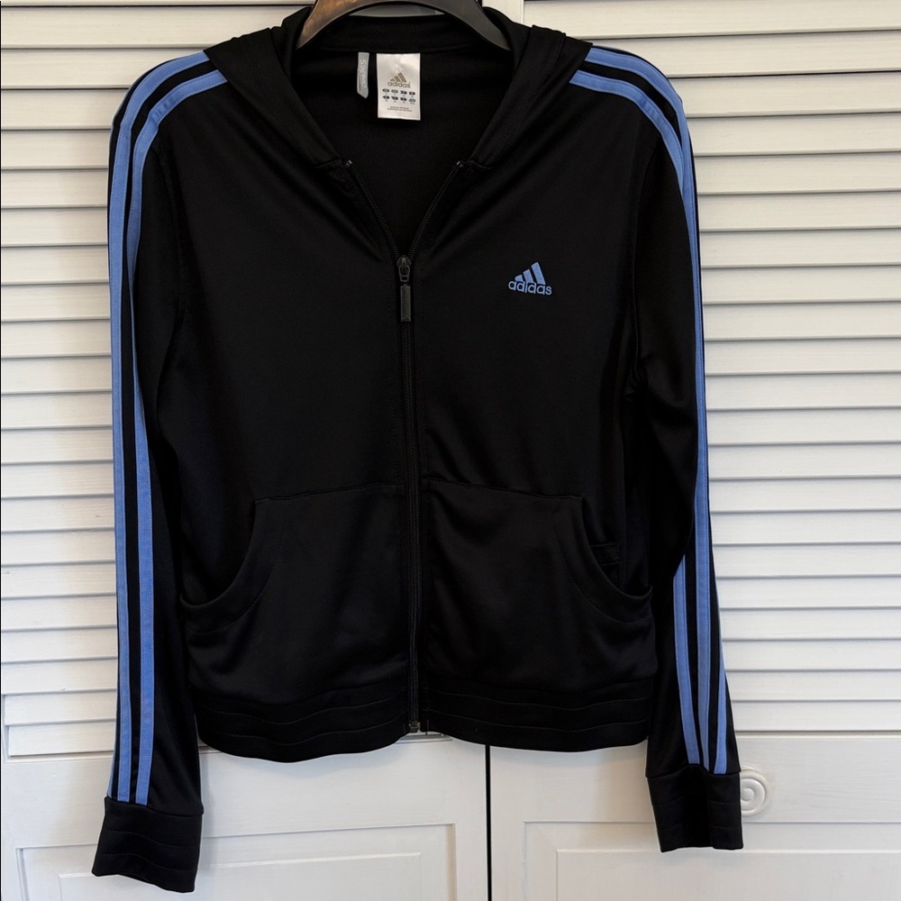 Adidas Y2K ClimaLite Women M Athletic Track Jacket Hood  Zip Pockets Black Blue